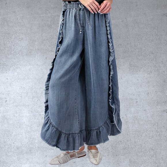 EASEL RESTOCKED! Raw Ruffle Trim Pants Elastic & Drawstring Waist & Scooped Hem - Picture 6 of 15